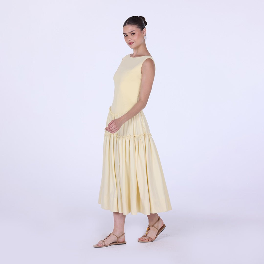 Yellow Cotton Drop Waist Midi Dress with Crinkled Linen Skirt - shopaleena