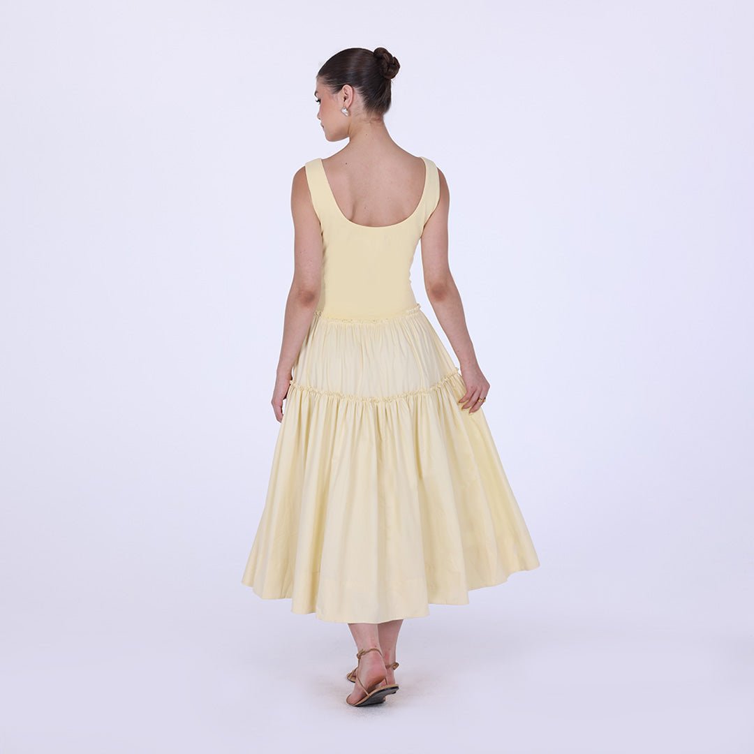 Yellow Cotton Drop Waist Midi Dress with Crinkled Linen Skirt - shopaleena