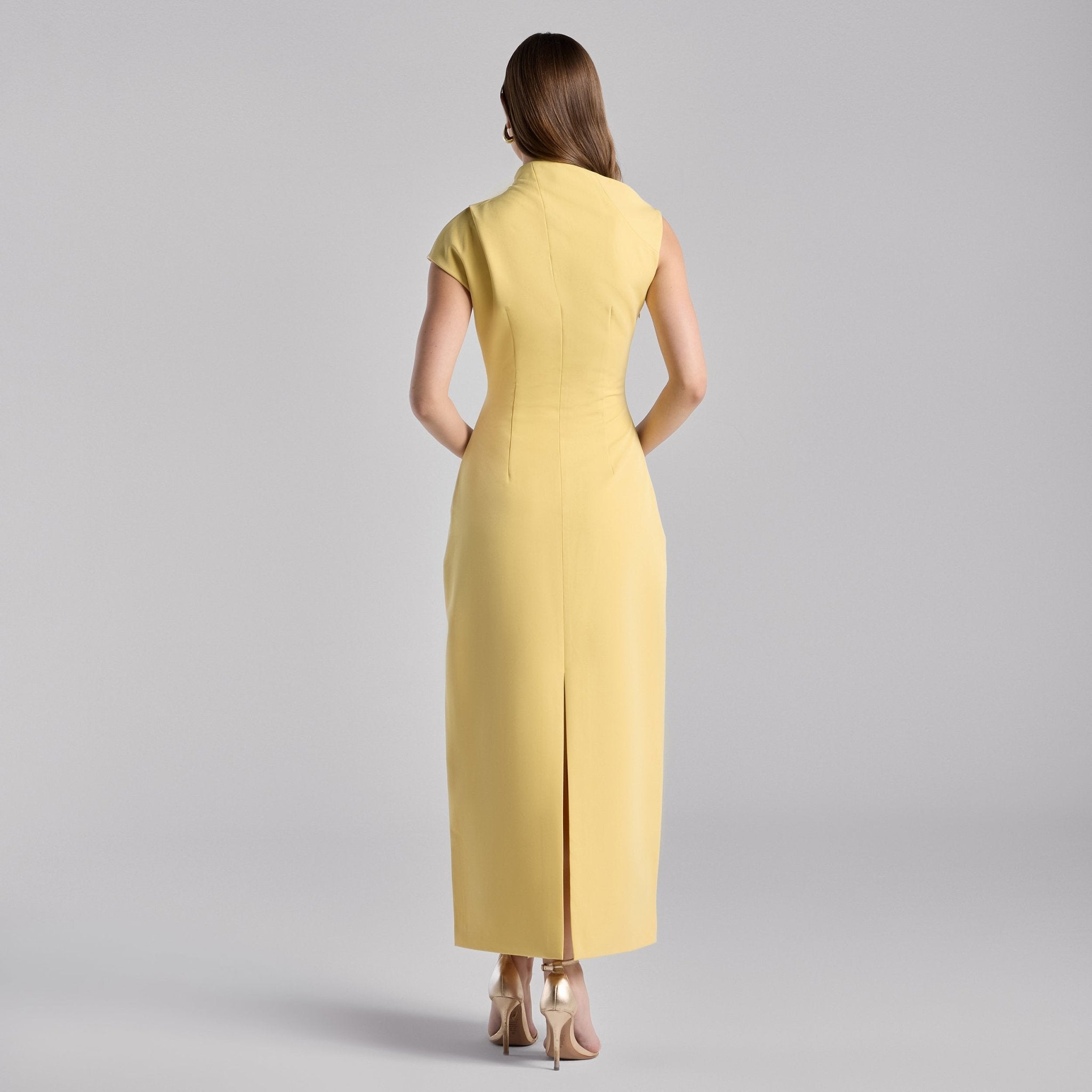 Yellow Draped Shoulder Short Sleeve Midi Dress - shopaleena