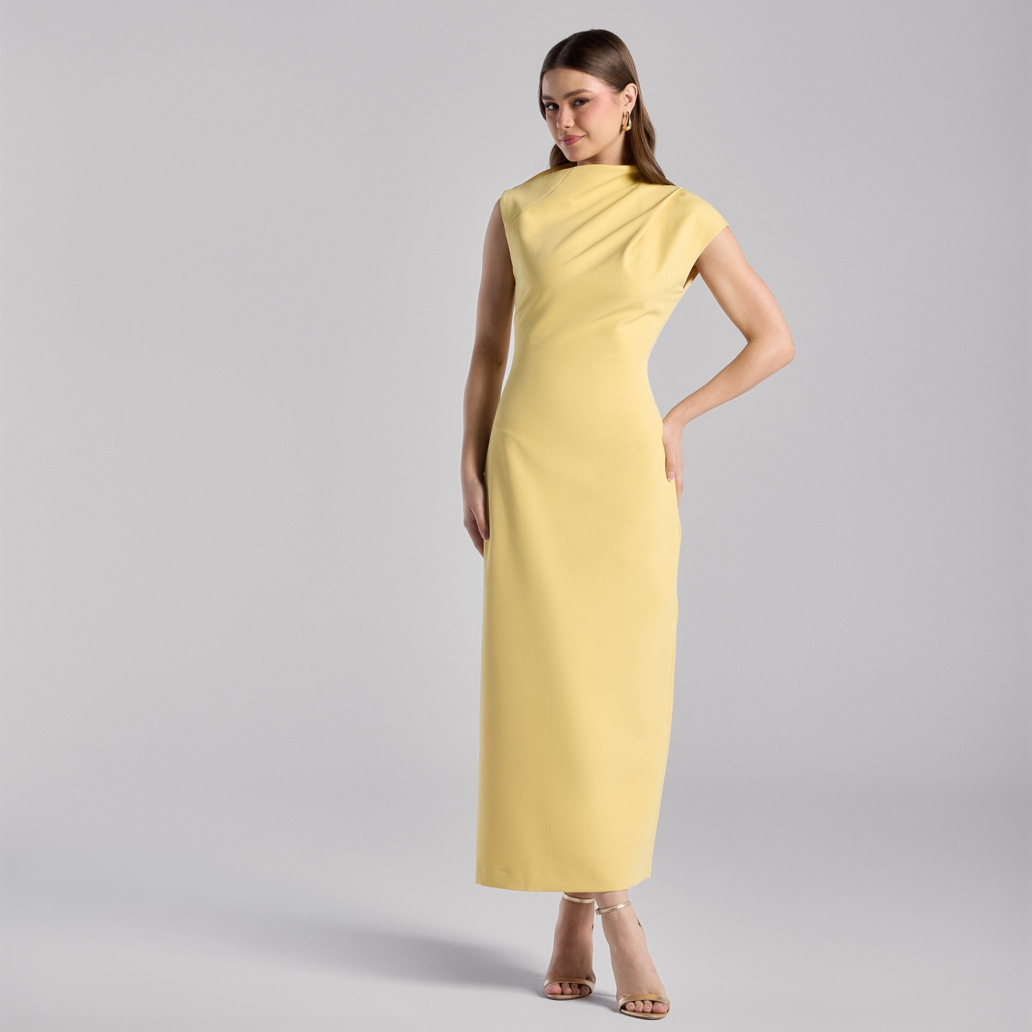 Yellow Draped Shoulder Short Sleeve Midi Dress - shopaleena