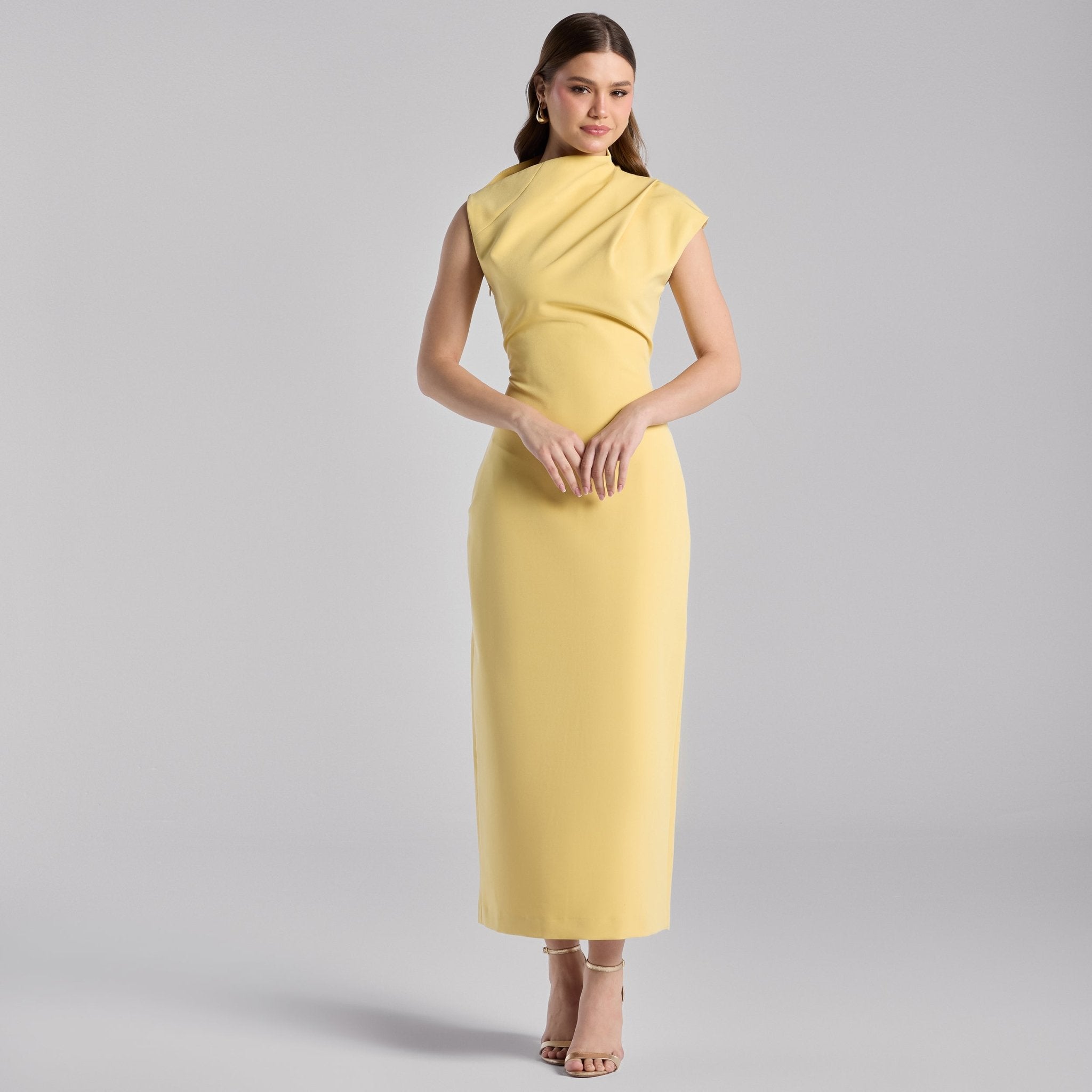 Yellow Draped Shoulder Short Sleeve Midi Dress - shopaleena