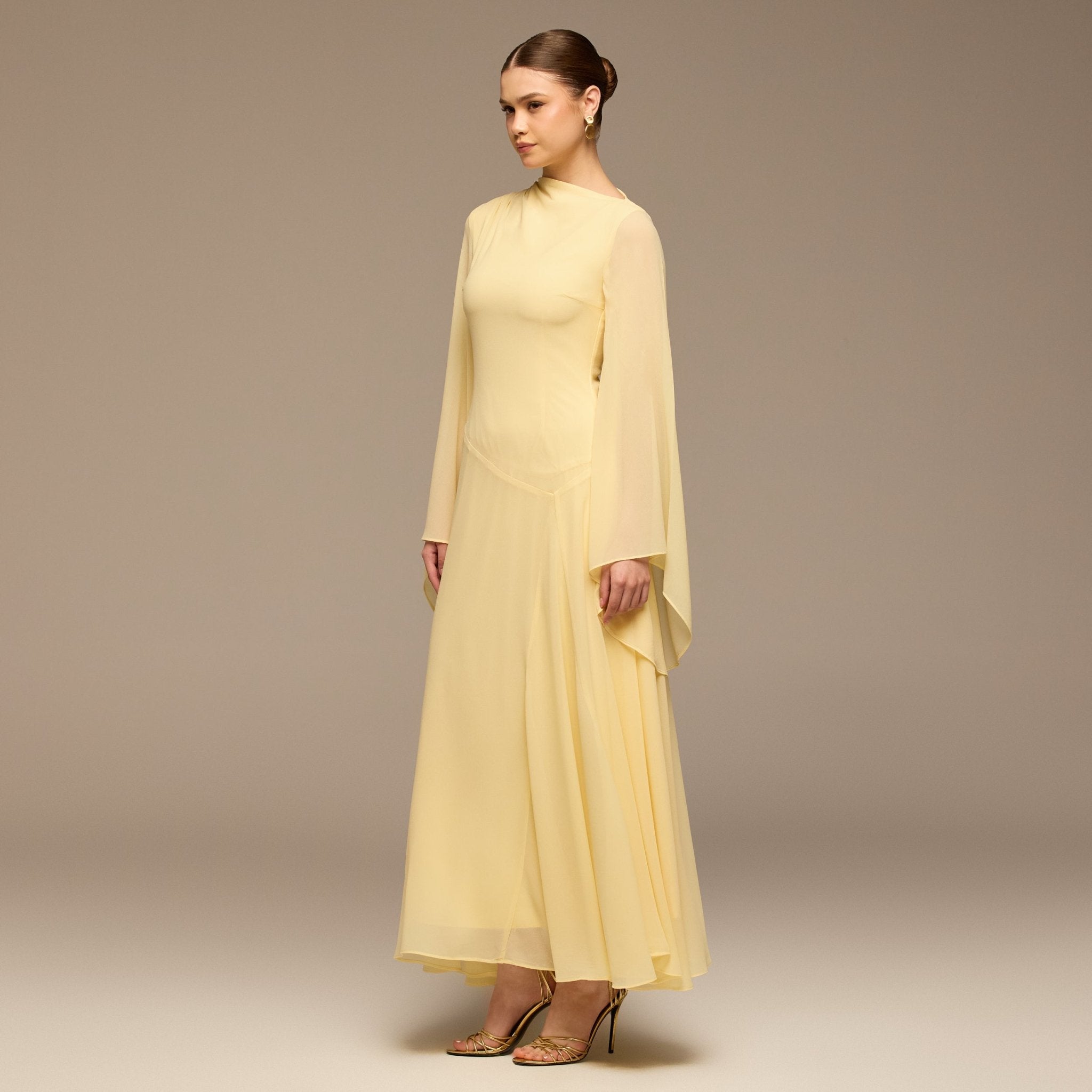Yellow Flared Sleeve Chiffon Maxi Dress - shopaleena
