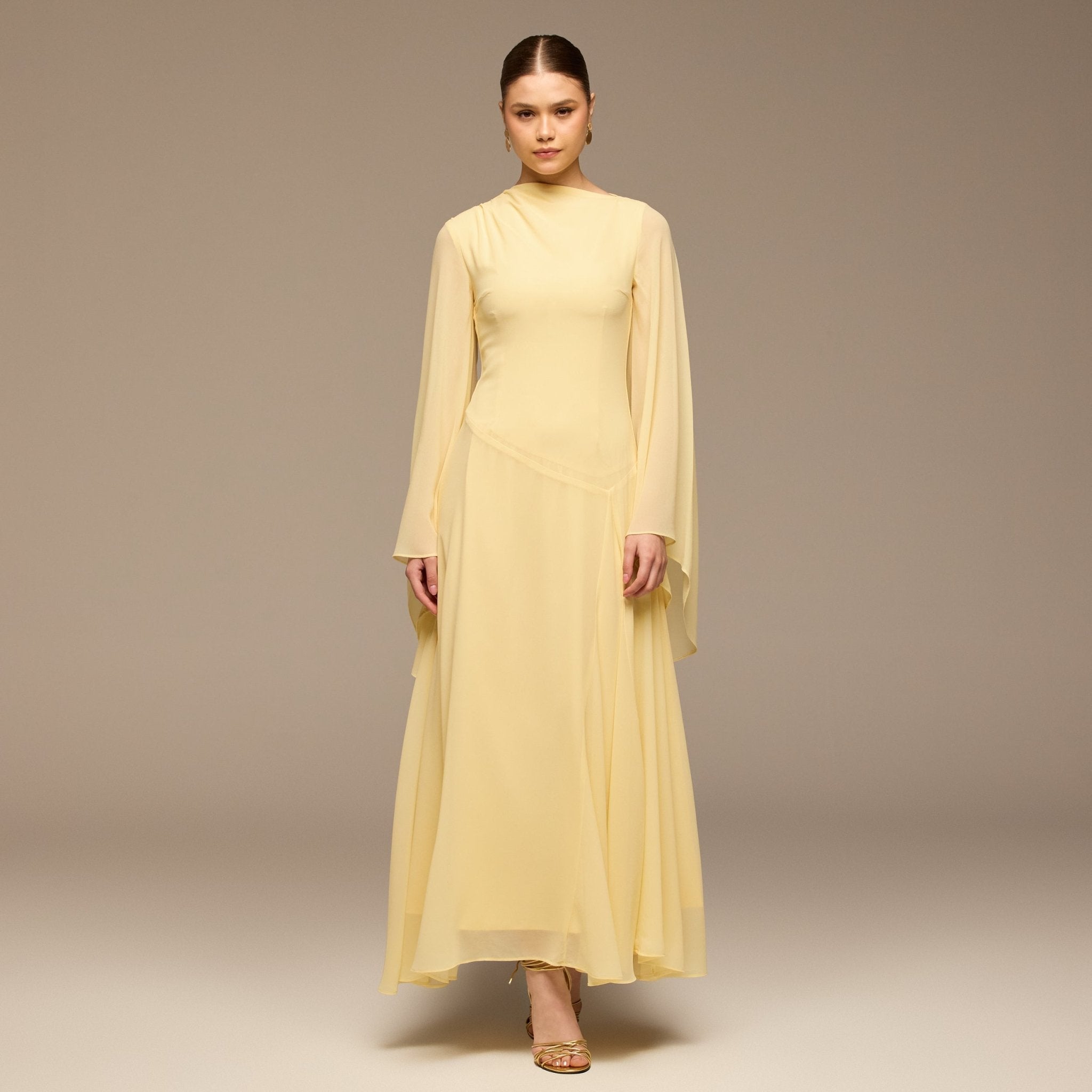 Yellow Flared Sleeve Chiffon Maxi Dress - shopaleena