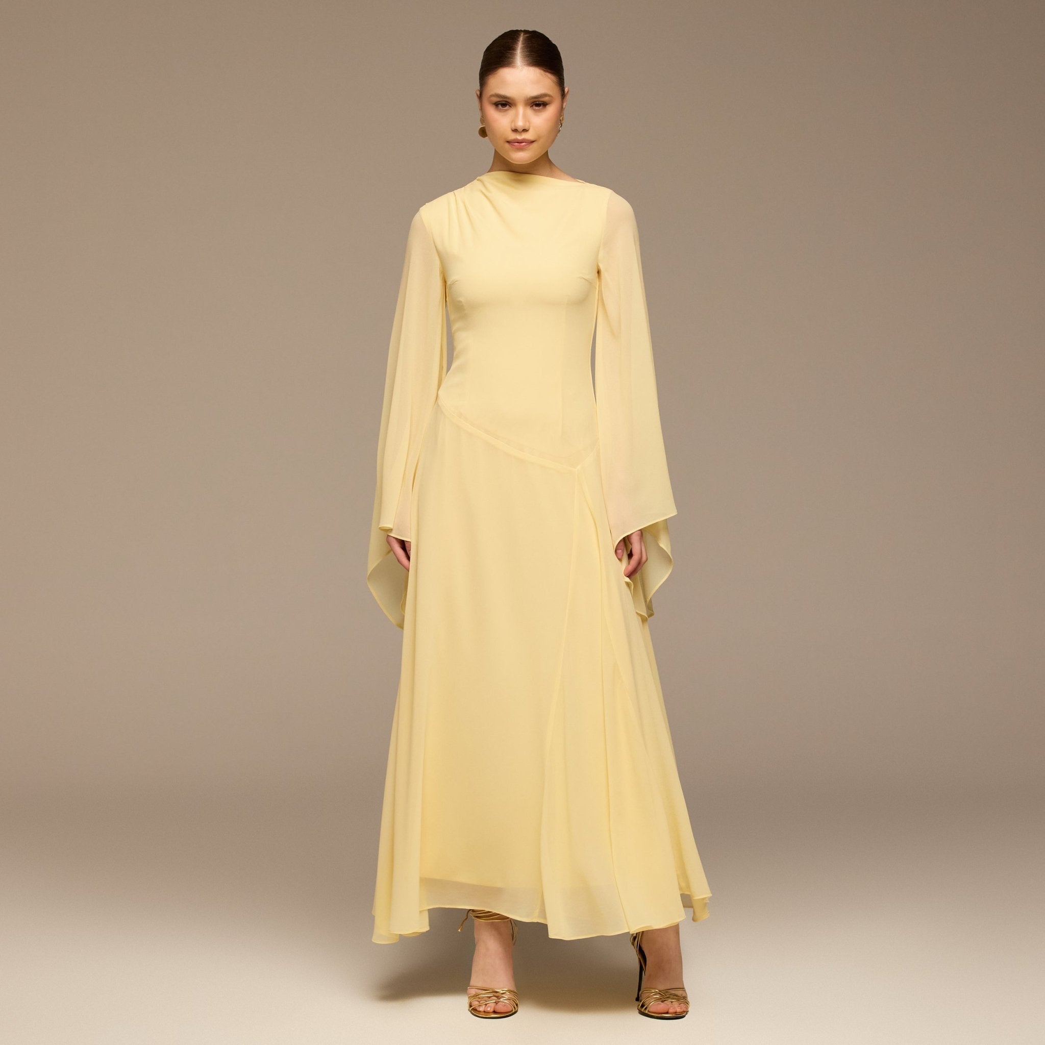 Yellow Flared Sleeve Chiffon Maxi Dress - shopaleena