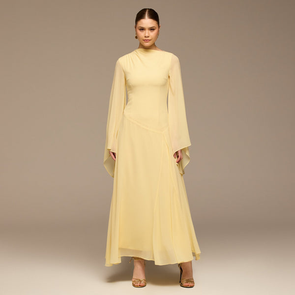 Yellow Flared Sleeve Chiffon Maxi Dress – shopaleena