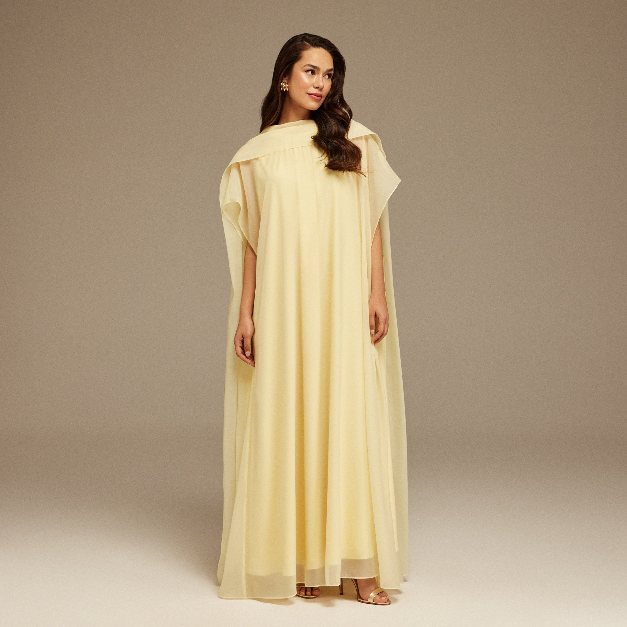 Yellow Halter Neckline Maxi Dress With Cape with scarf – shopaleena