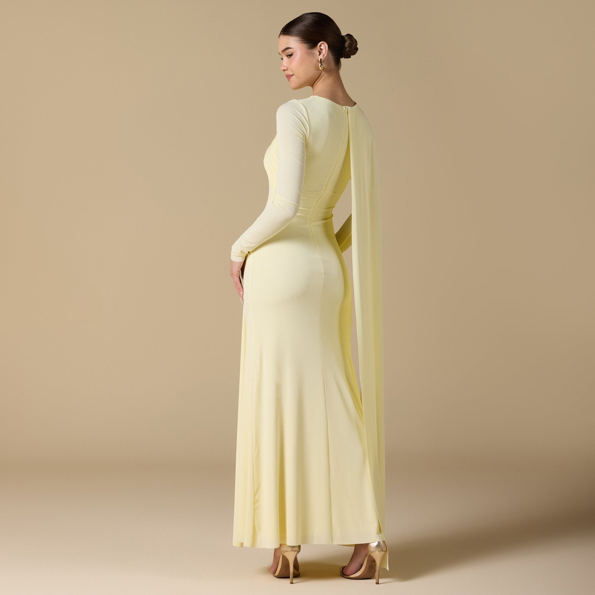 Yellow Jersey Draped Maxi Dress with Back Scarf - shopaleena