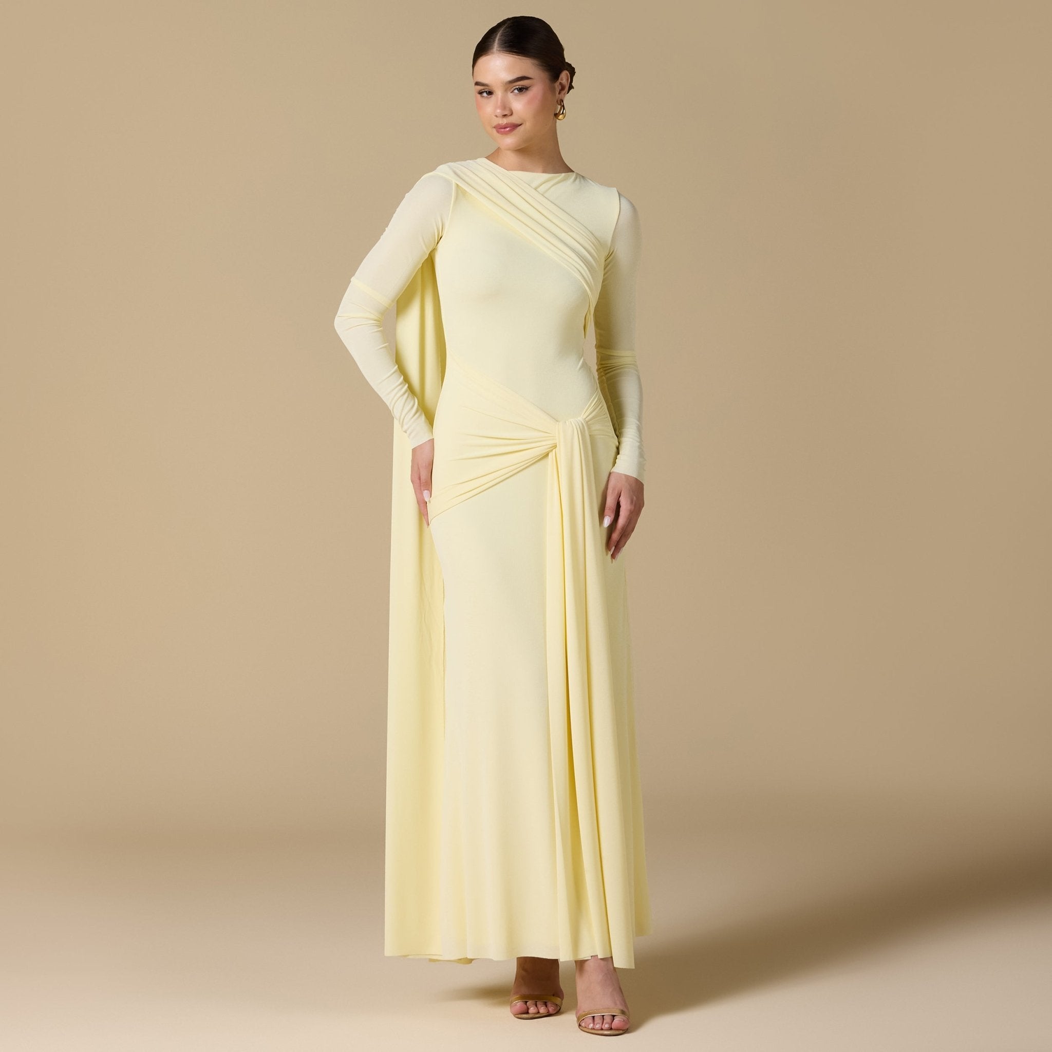 Yellow Jersey Draped Maxi Dress with Back Scarf - shopaleena