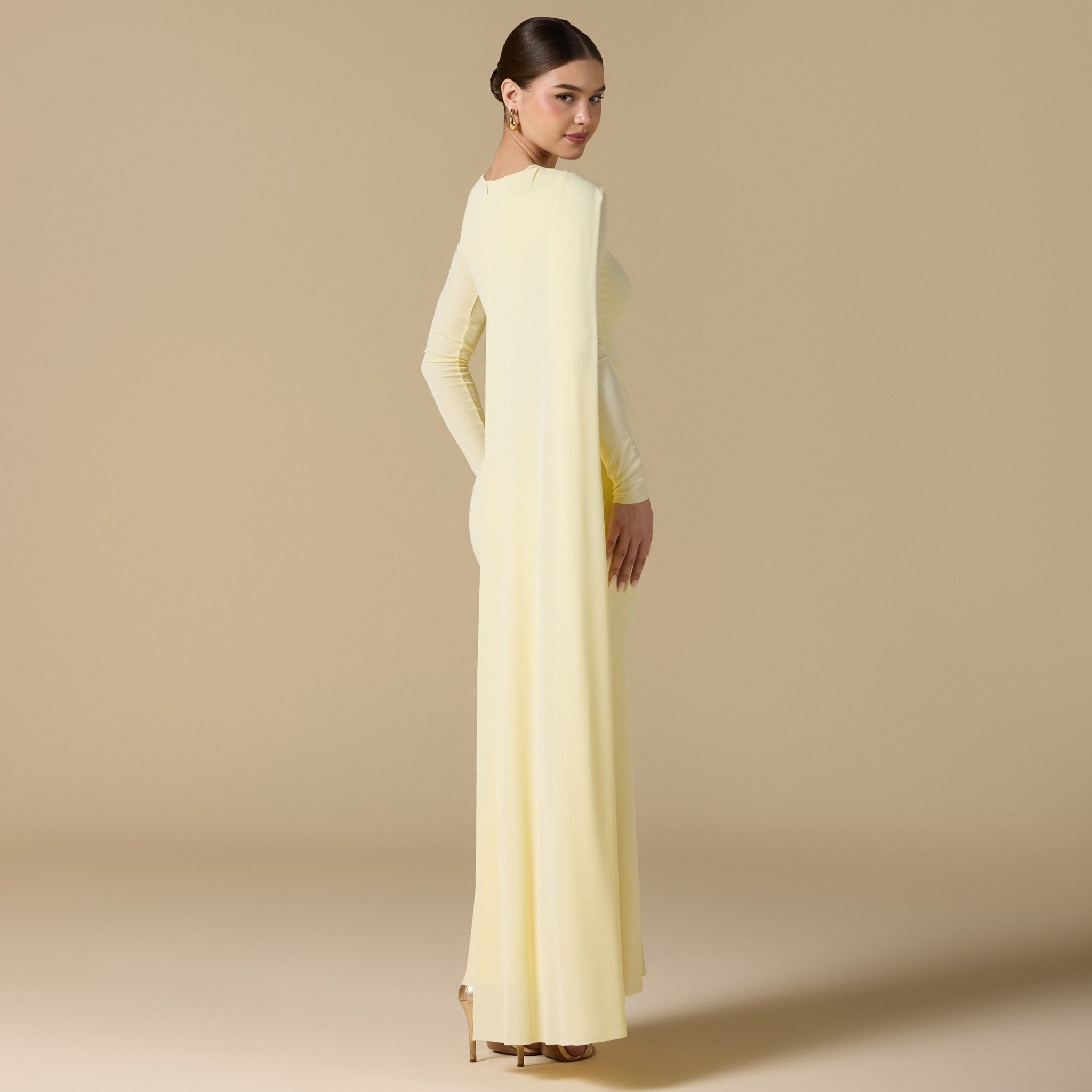Yellow Jersey Draped Maxi Dress with Back Scarf - shopaleena