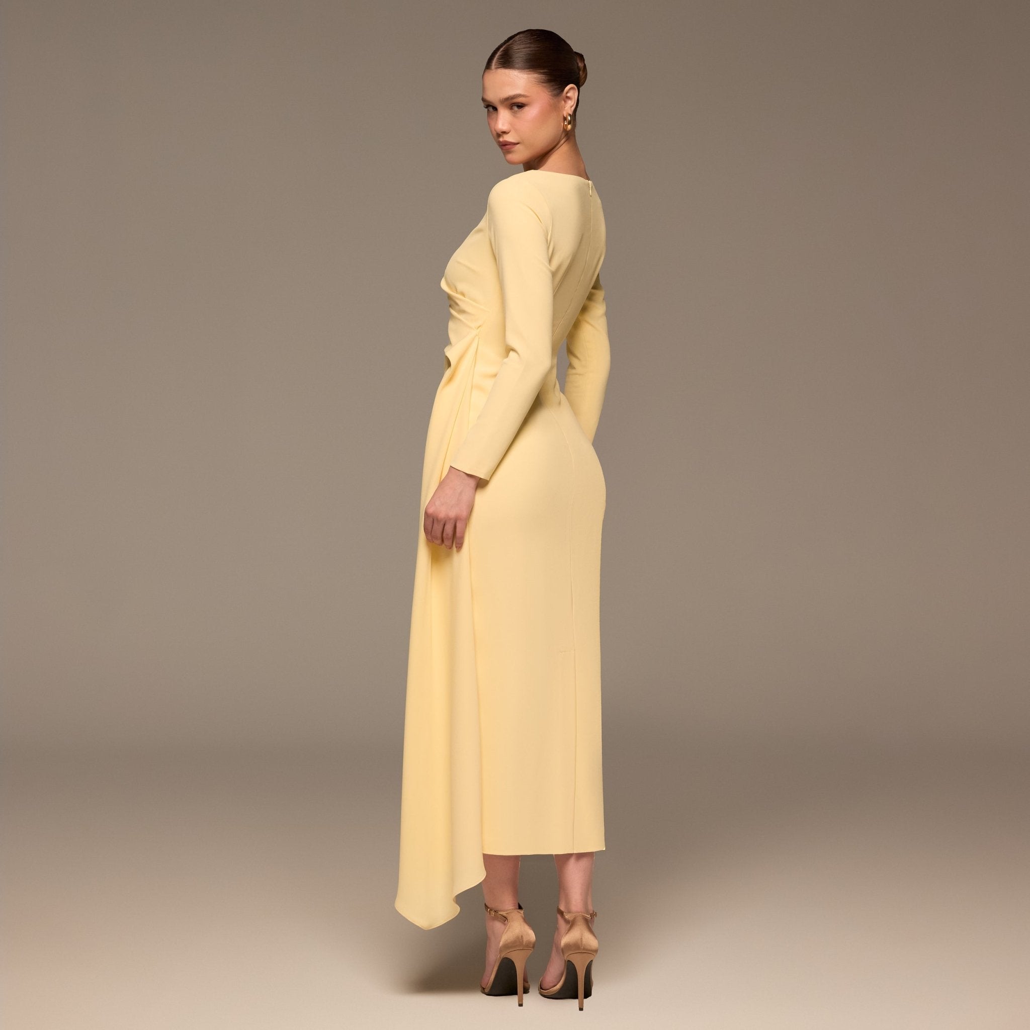 Yellow Long Sleeve Draped Midi Dress - shopaleena