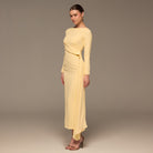 Yellow Long Sleeve Draped Midi Dress - shopaleena