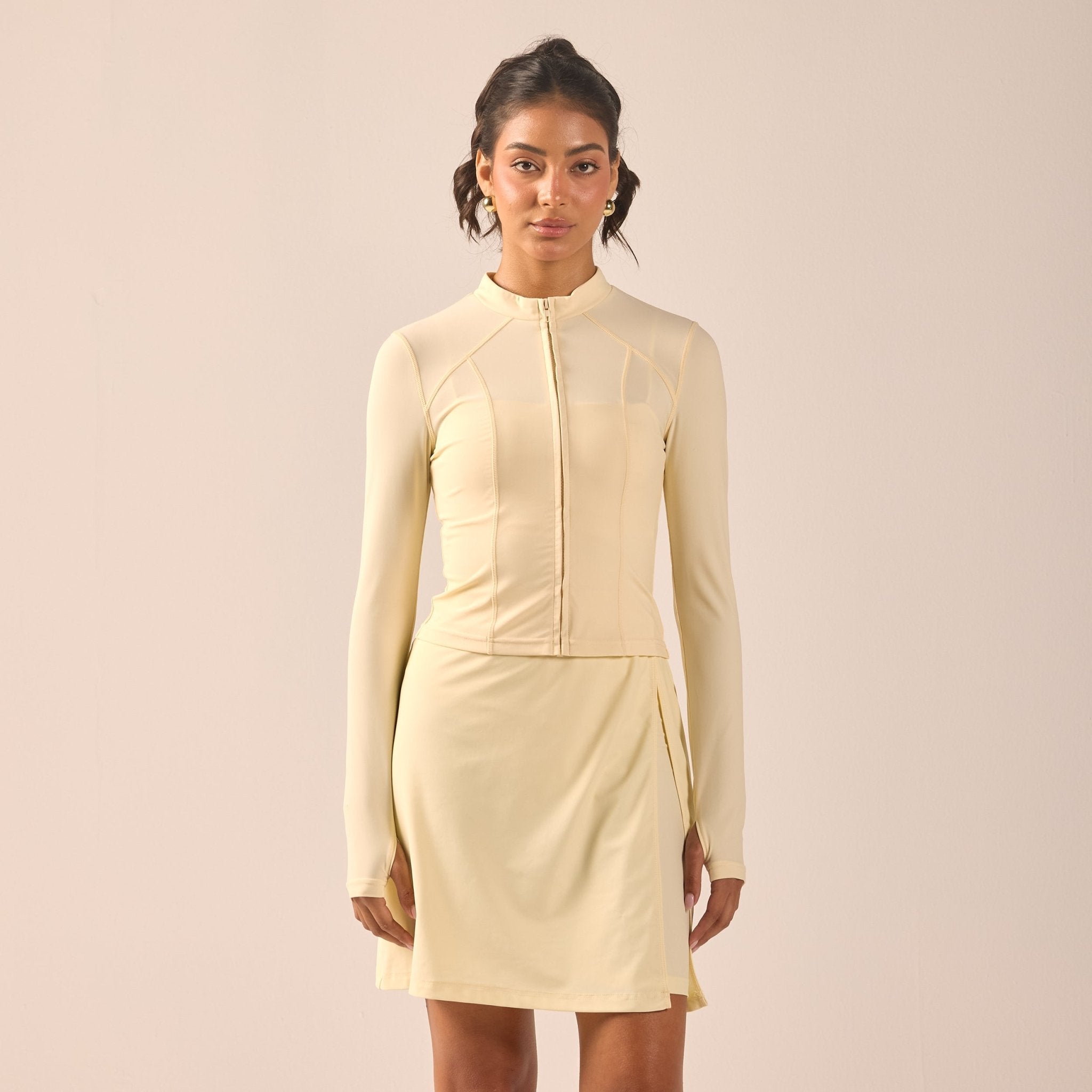Yellow Long Sleeve Front Zipper Swim Top - shopaleena