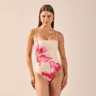 Yellow One Piece Swimsuit with Pink Embroidery - shopaleena