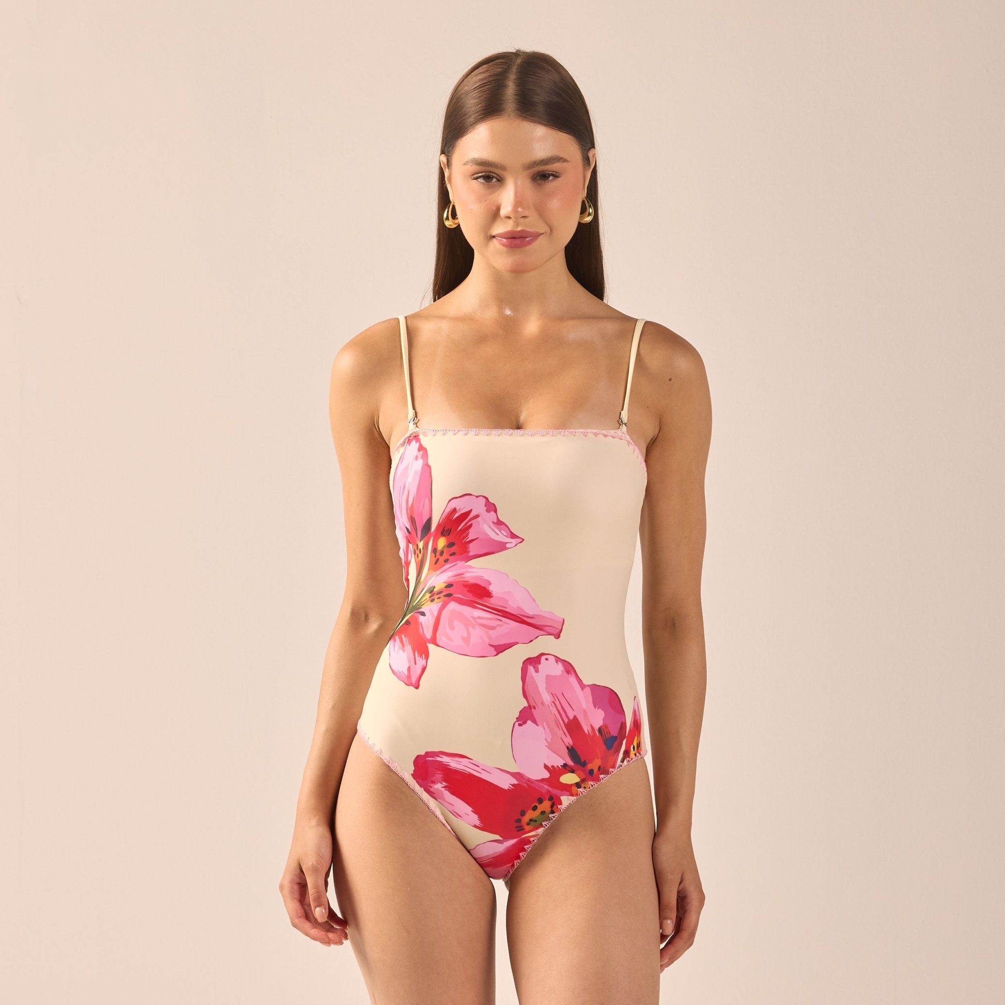 Yellow One Piece Swimsuit with Pink Embroidery - shopaleena