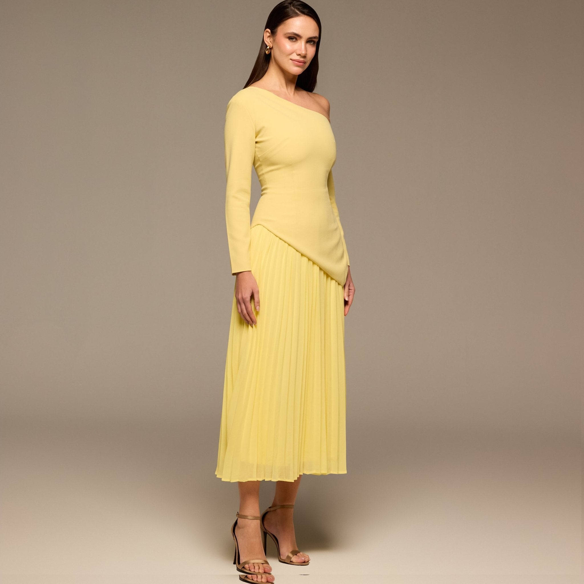 Yellow One Shoulder A Line Crepe Dress - shopaleena