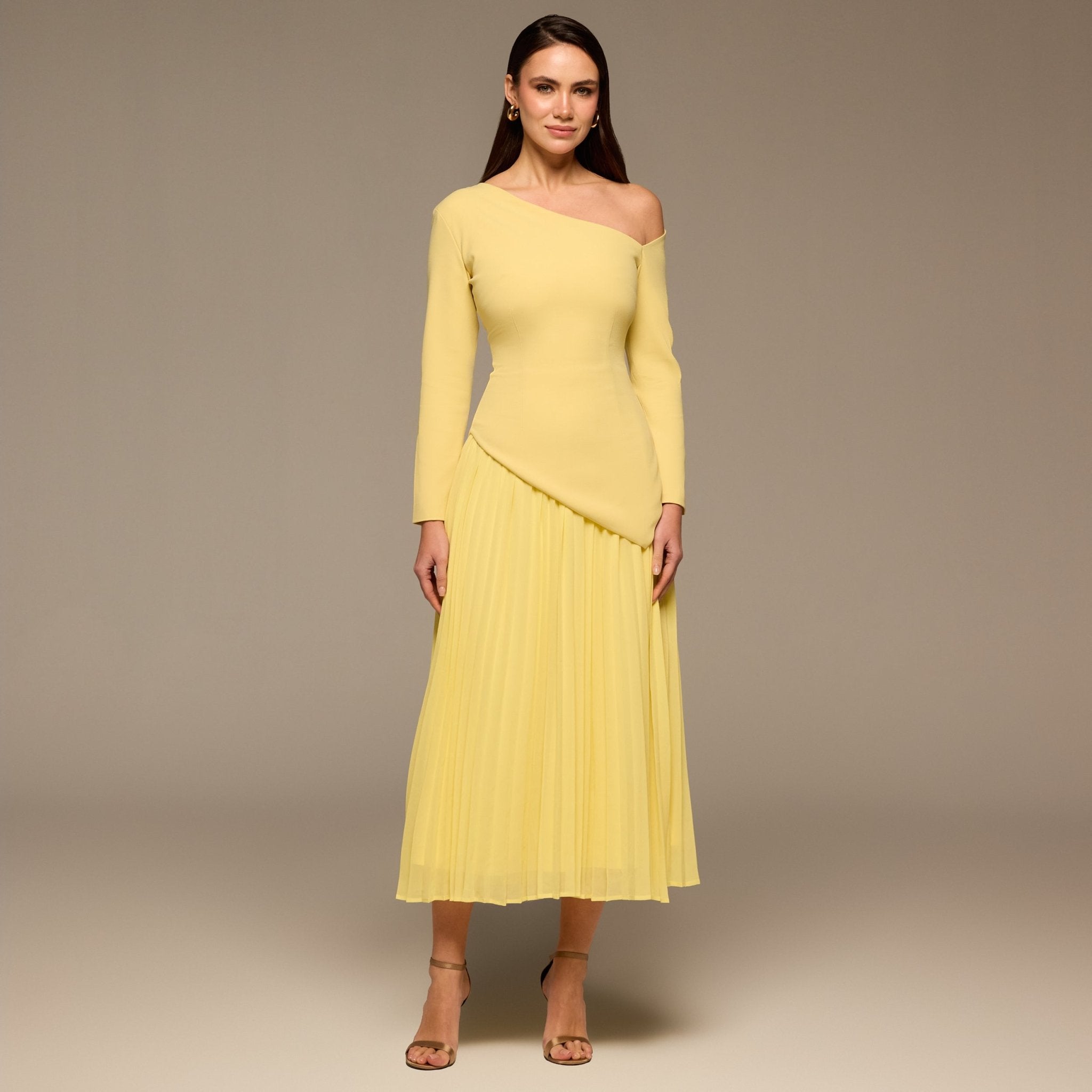 Yellow One Shoulder A Line Crepe Dress - shopaleena