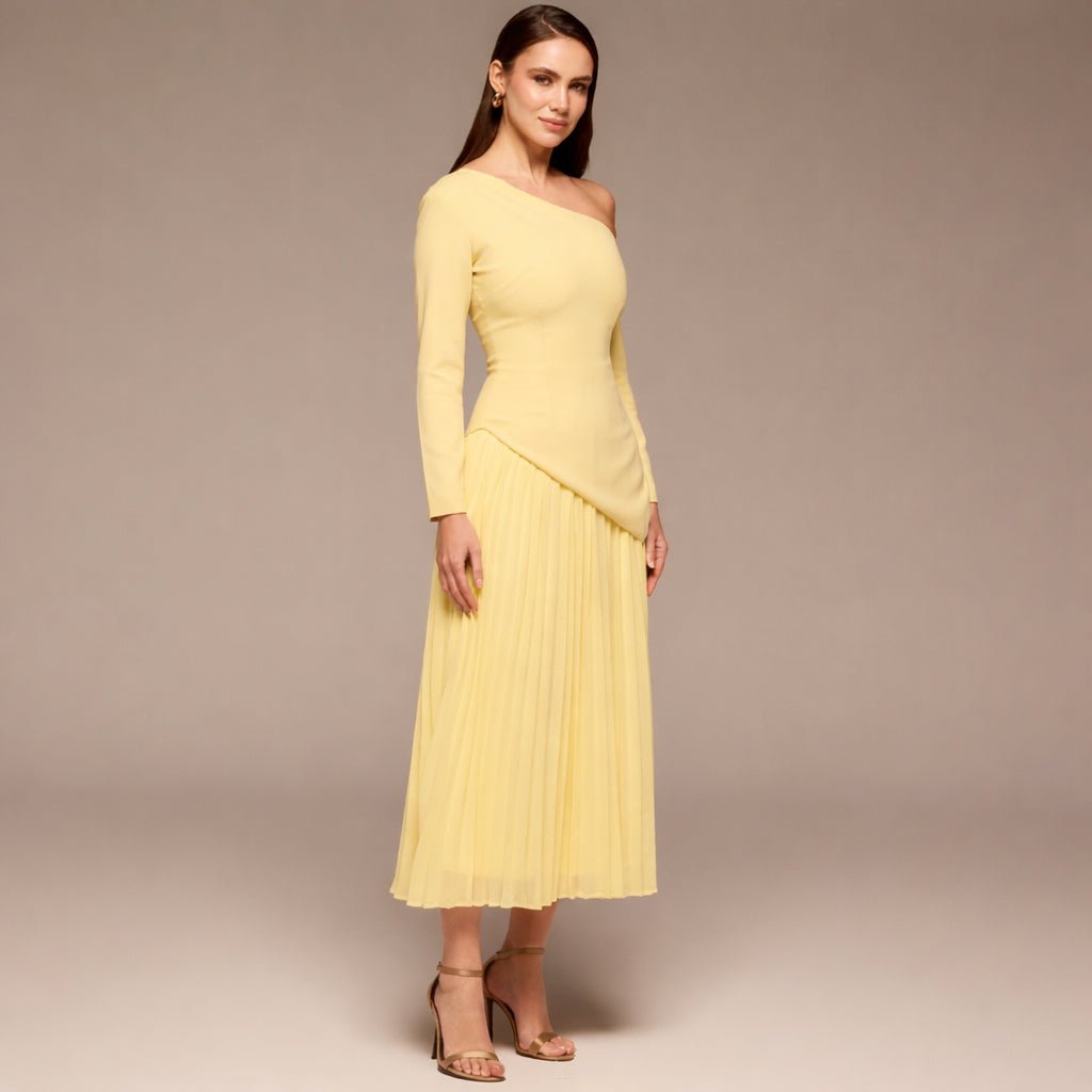 Yellow One Shoulder A Line Crepe Dress - shopaleena