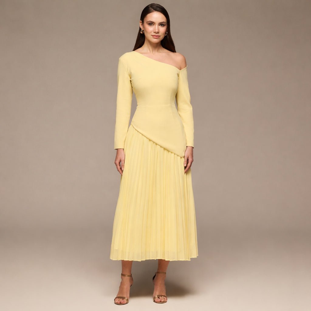 Yellow One Shoulder A Line Crepe Dress - shopaleena