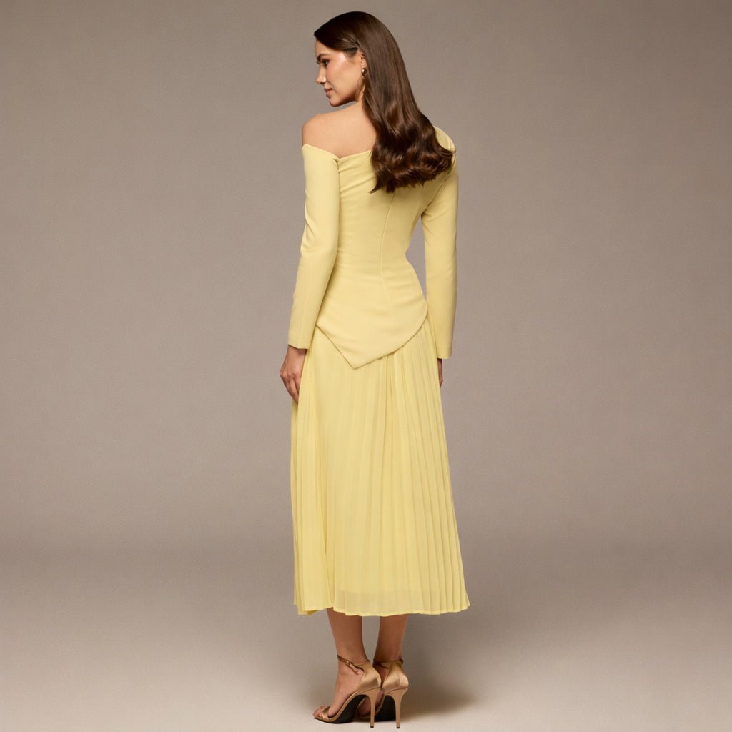Yellow One Shoulder A Line Crepe Dress - shopaleena