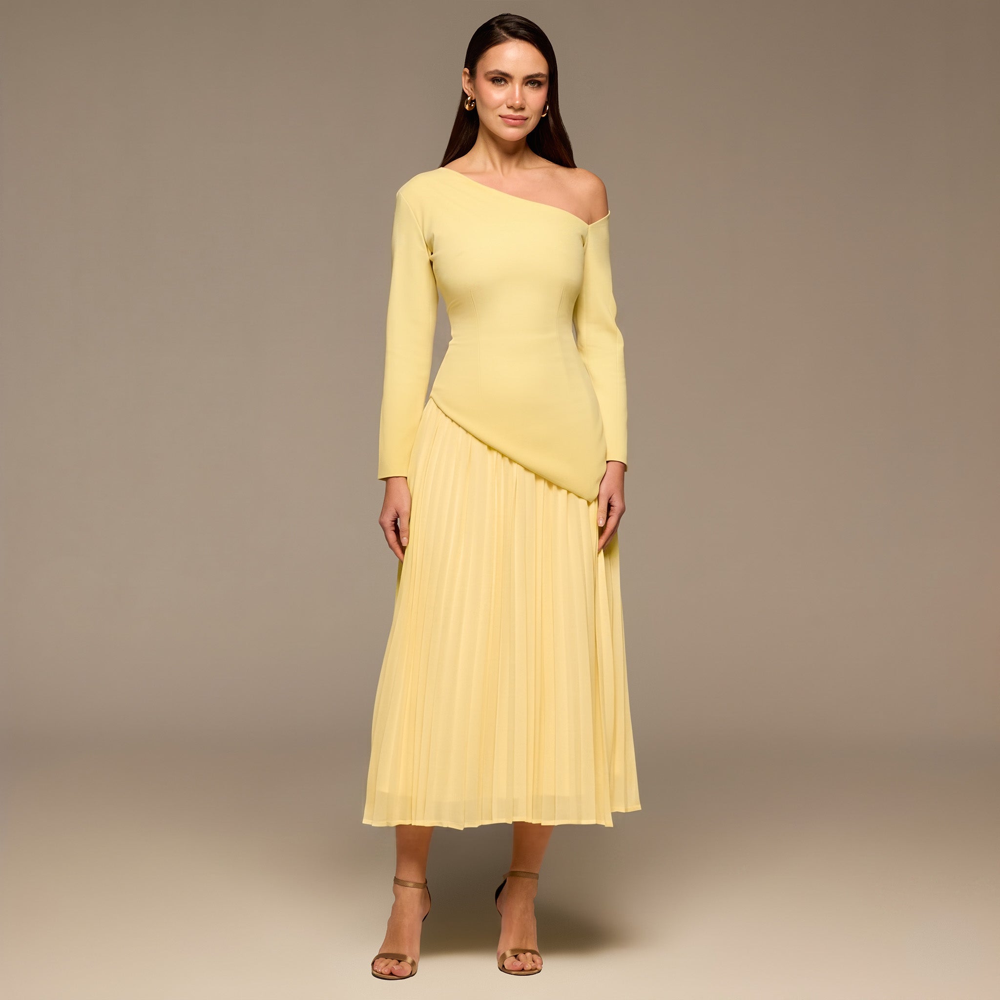 Yellow One Shoulder A Line Crepe Dress - shopaleena