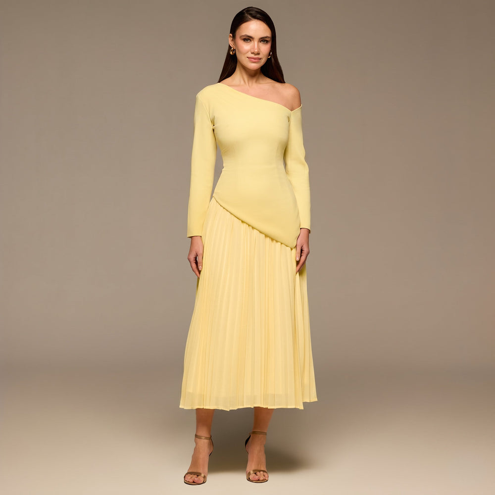 Yellow One Shoulder A Line Crepe Dress - shopaleena