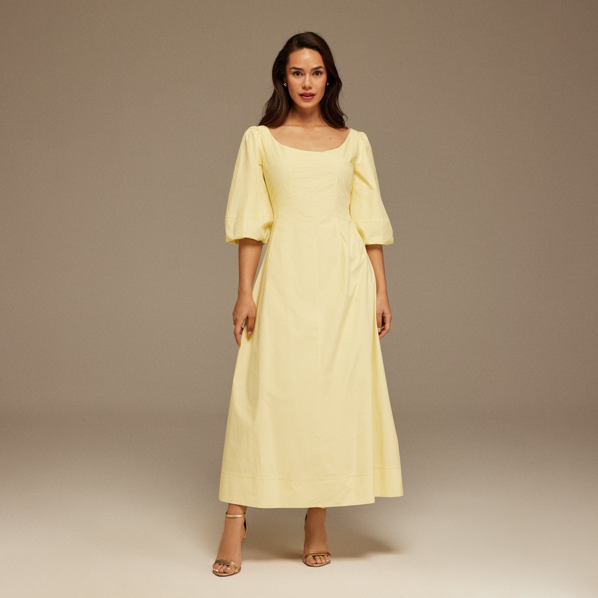 Yellow Puffed Sleeve Aline Poplin Dress – shopaleena