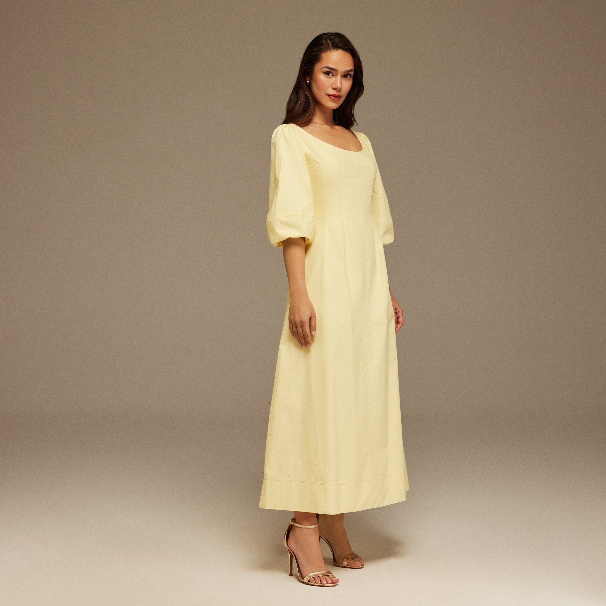 Yellow Puffed Sleeve Aline Poplin Dress - shopaleena