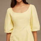 Yellow Puffed Sleeve Aline Poplin Dress - shopaleena