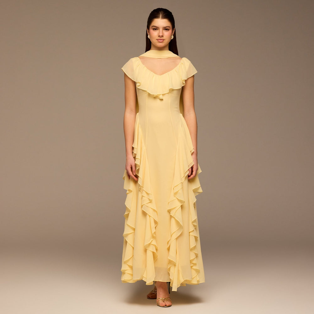 Yellow Ruffle Chiffon Maxi Dress shopaleena Yellow Ruffle Chiffon Maxi Dress shopaleena