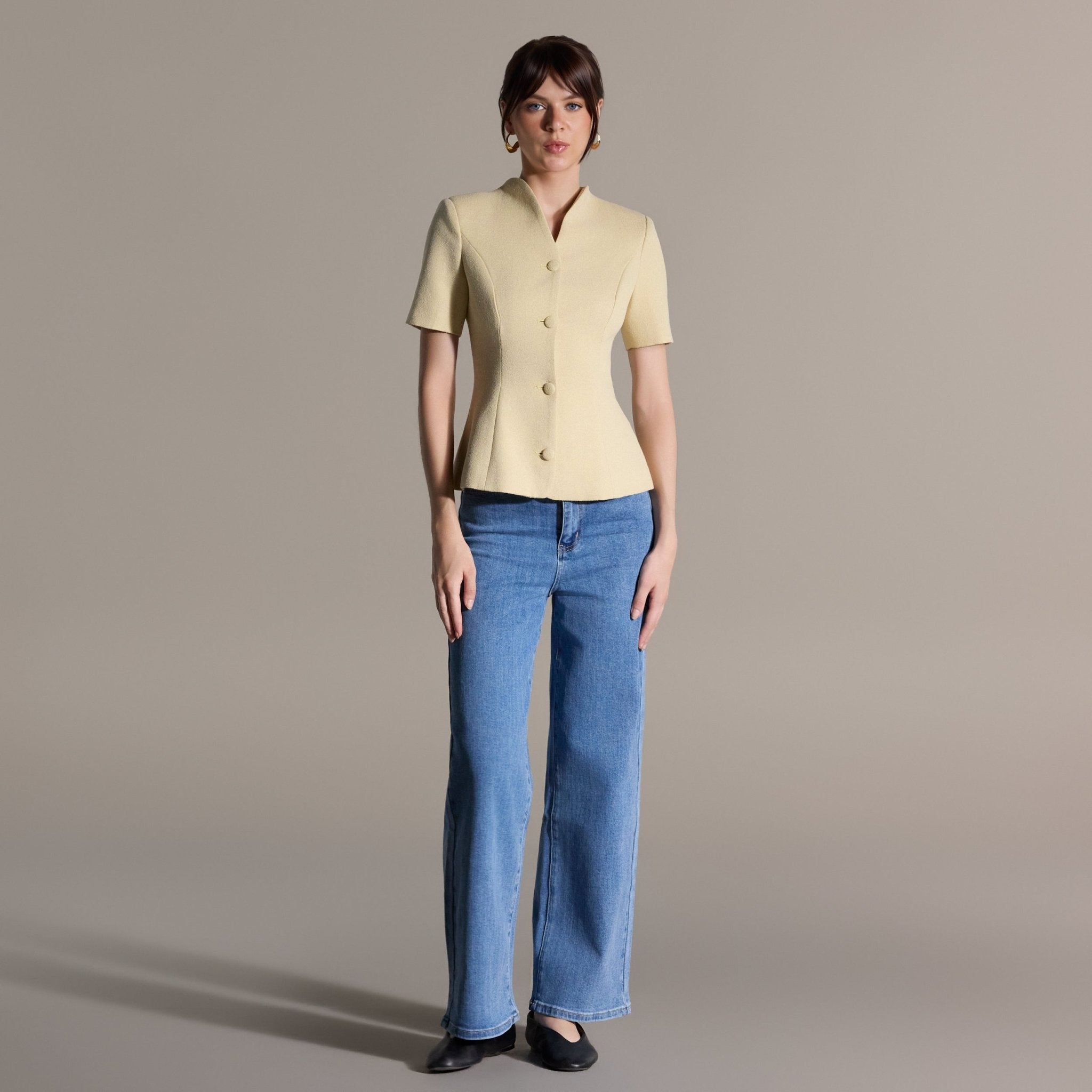 Yellow Short Sleeve Peplum Blazer - shopaleena