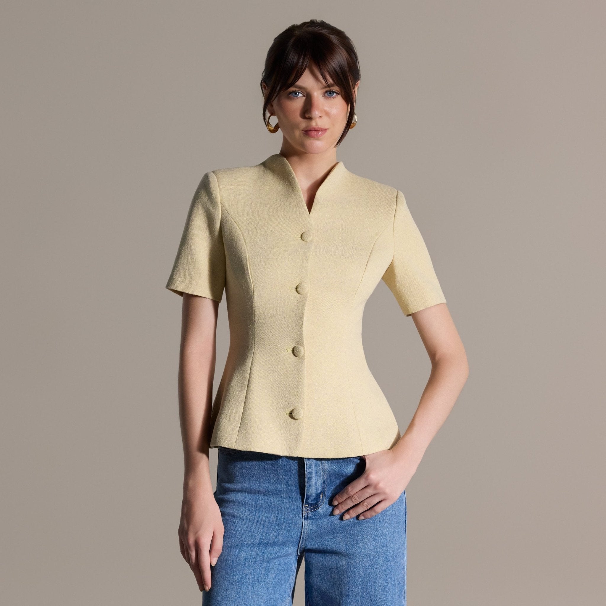 Yellow Short Sleeve Peplum Blazer - shopaleena