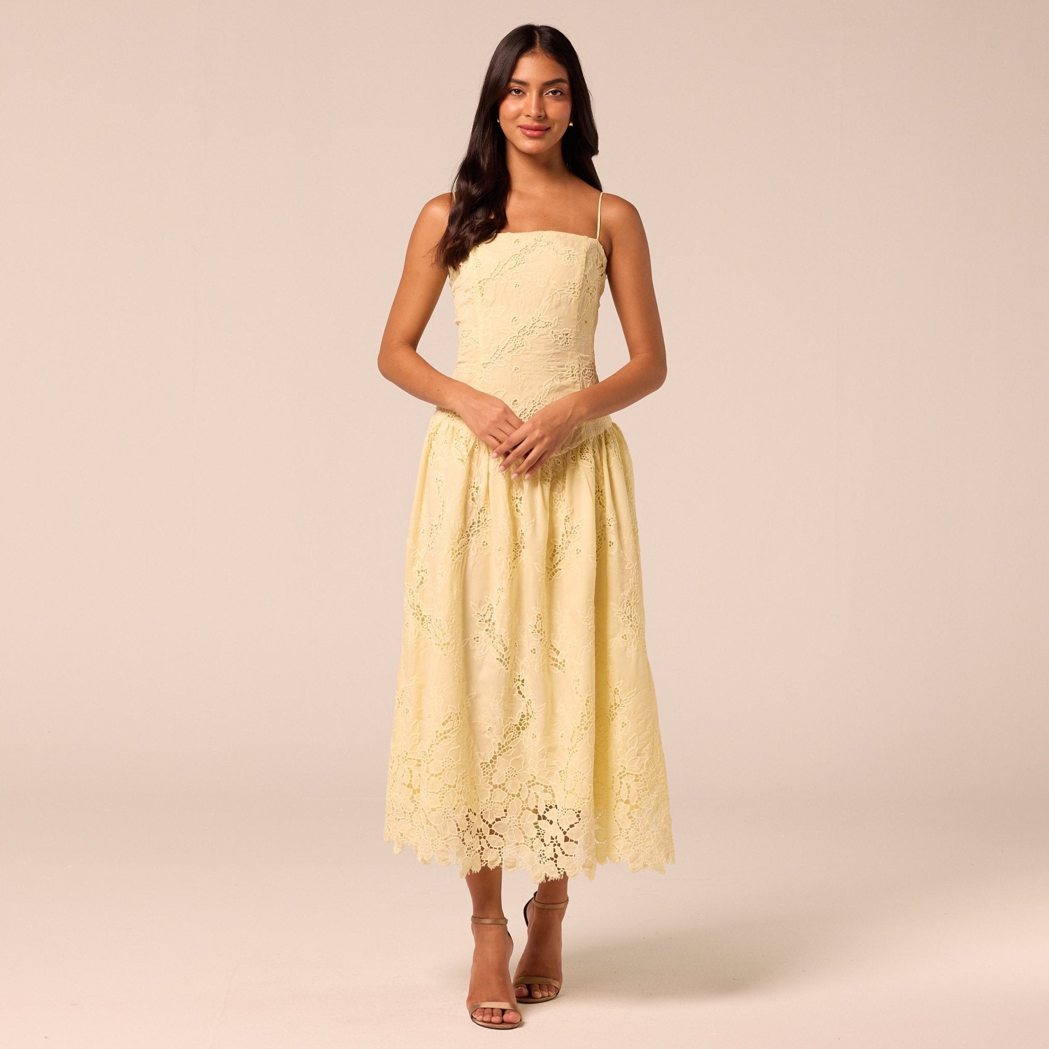 Yellow Spaghetti Strap Floral Lace Midi Dress - shopaleena