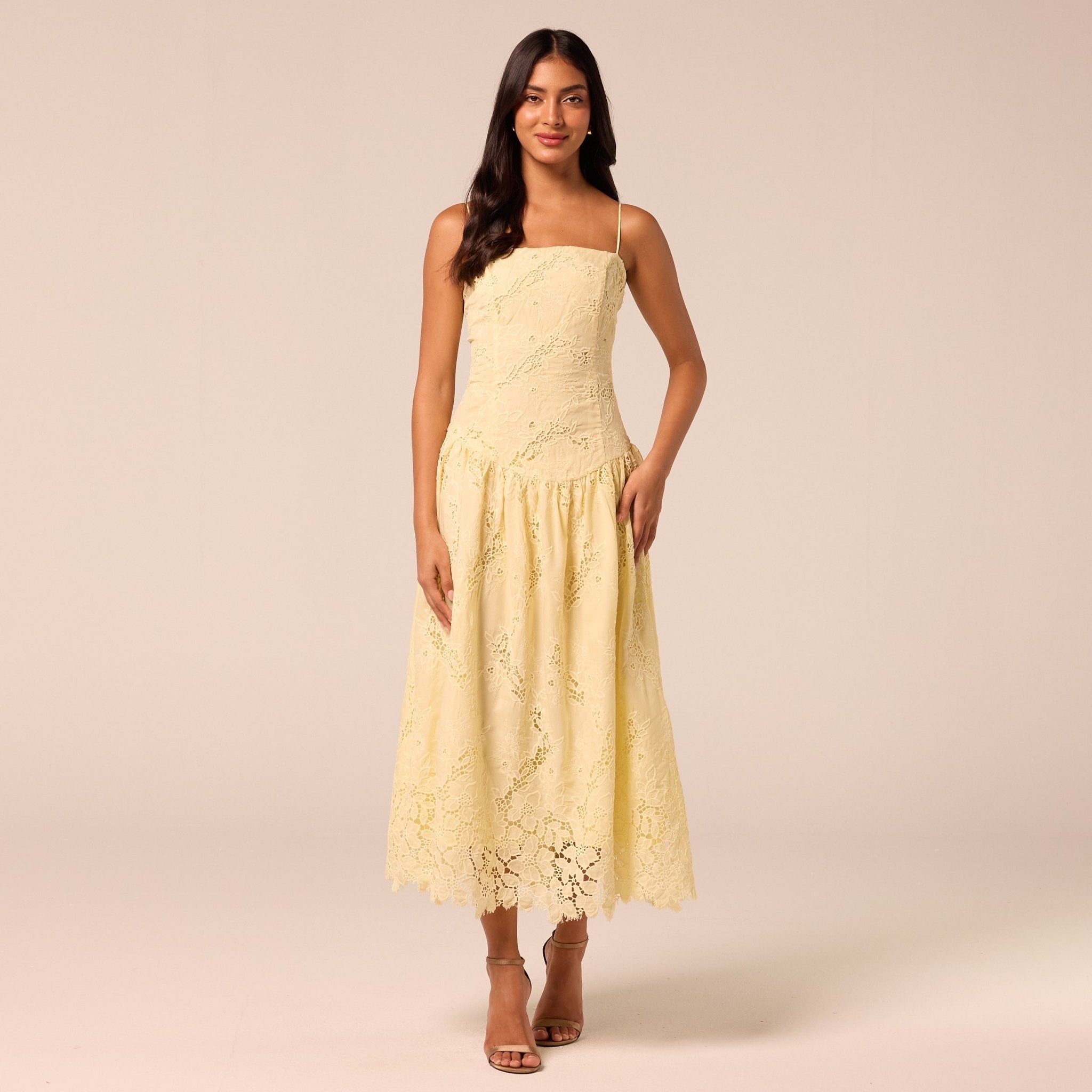Yellow Spaghetti Strap Floral Lace Midi Dress - shopaleena