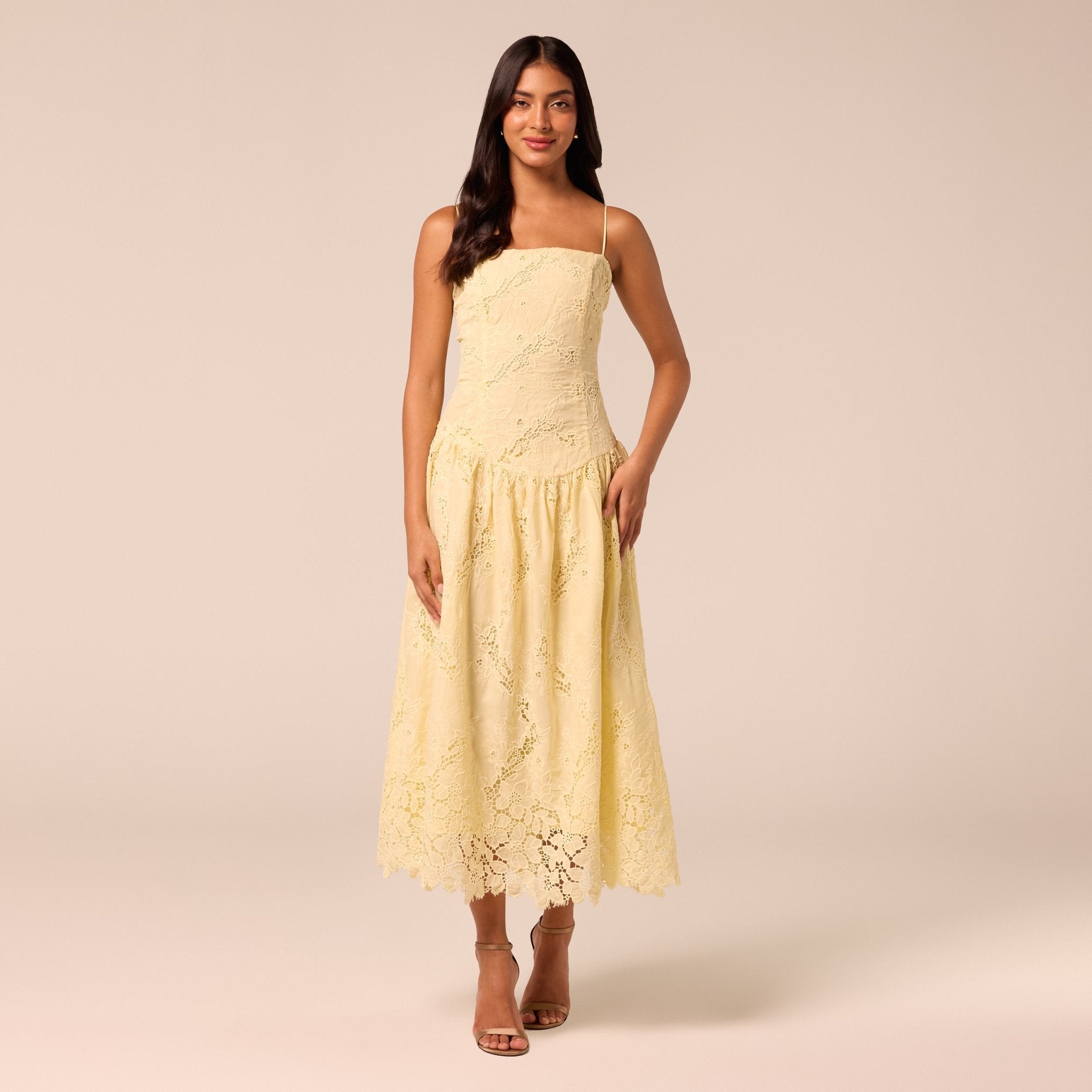 Yellow Spaghetti Strap Floral Lace Midi Dress - shopaleena