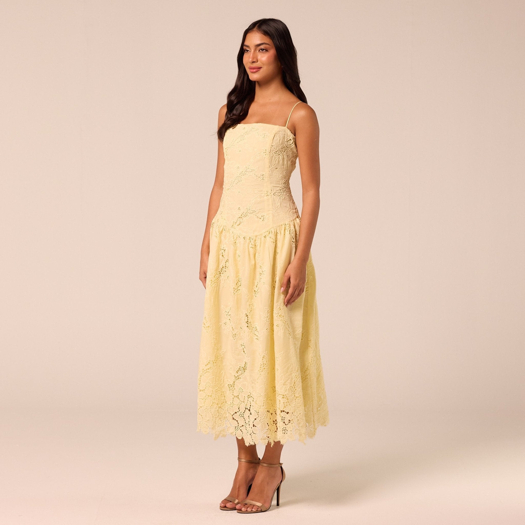 Yellow Spaghetti Strap Floral Lace Midi Dress - shopaleena