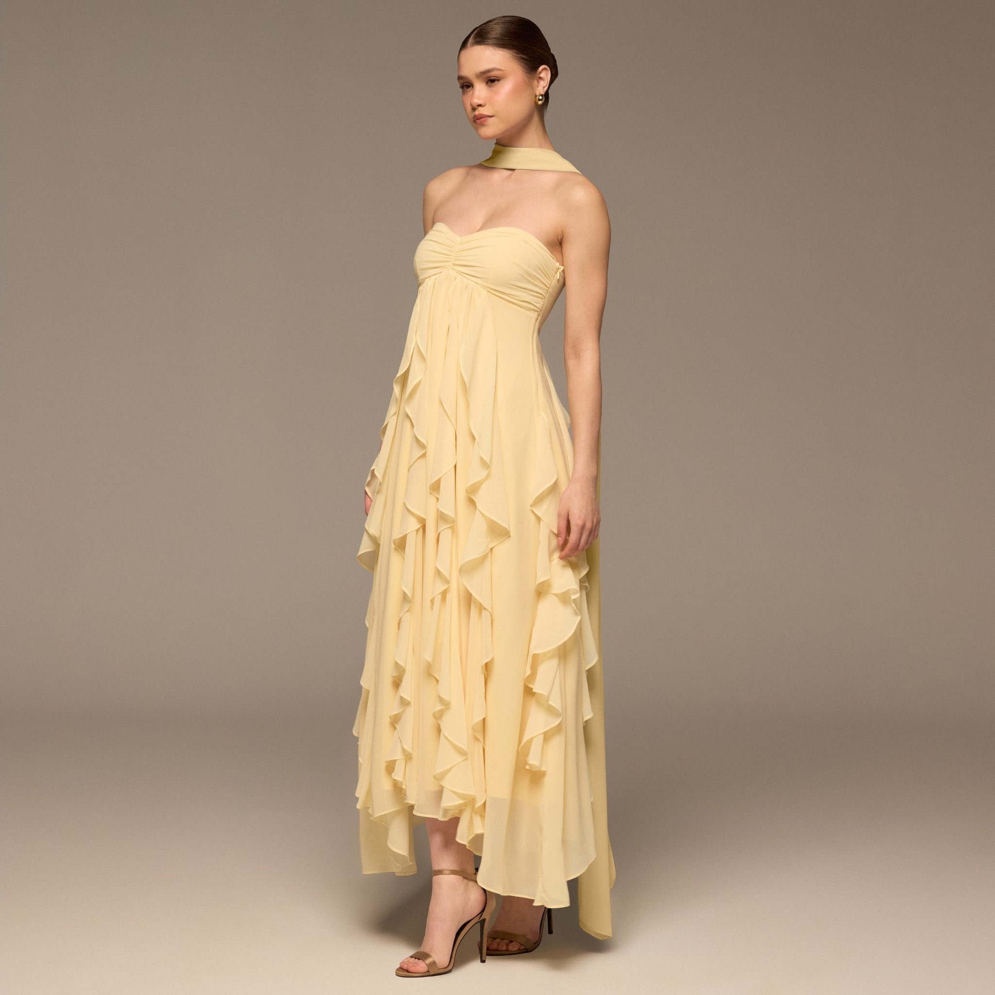 Yellow Strapless Ruffle Chiffon Maxi Dress - shopaleena