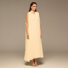 Yellow V - Neck All Over Pleated Chiffon Maxi Dress - shopaleena
