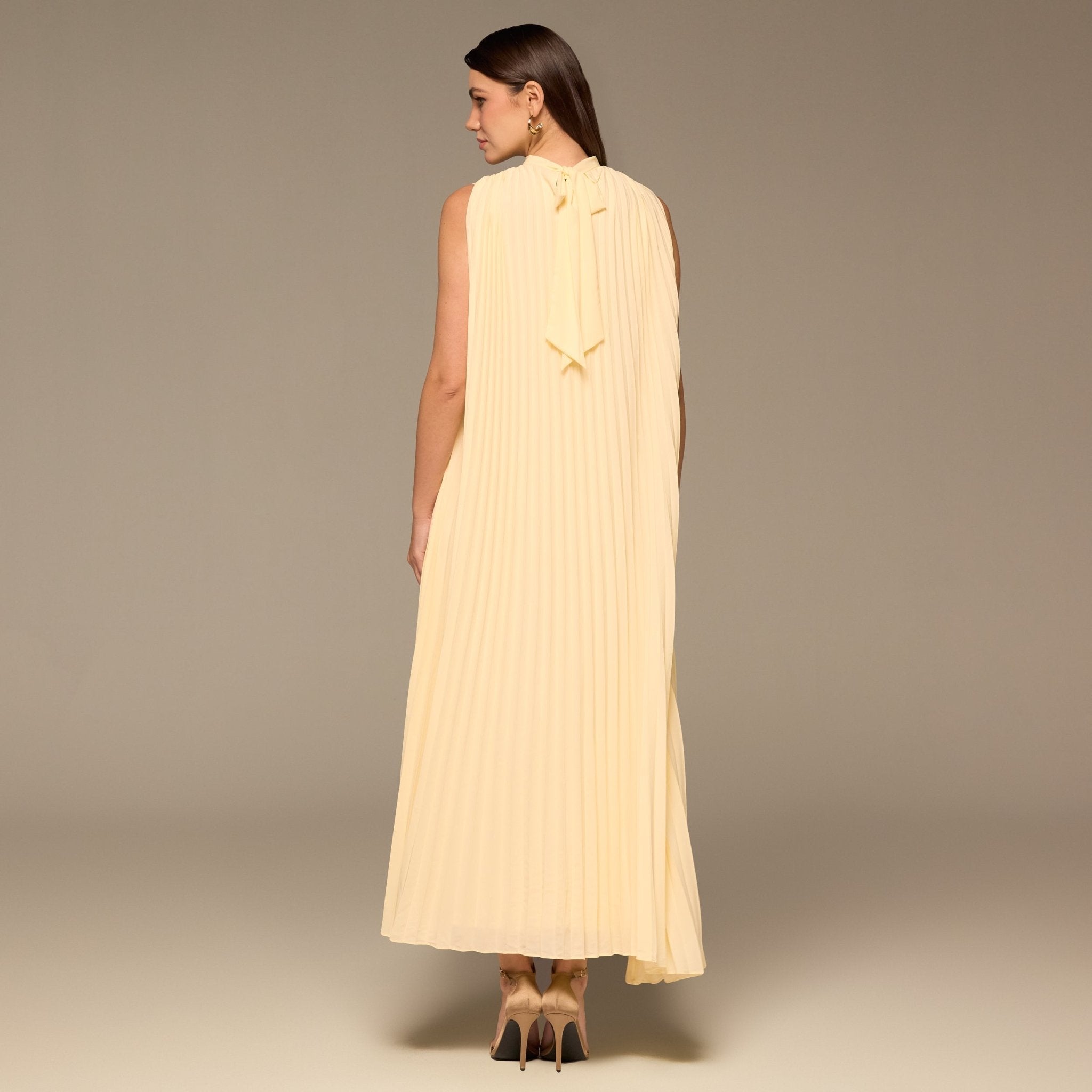 Yellow V - Neck All Over Pleated Chiffon Maxi Dress - shopaleena