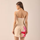 Yellow Wide Leg Swim Shorts with Pink Embroidery - shopaleena