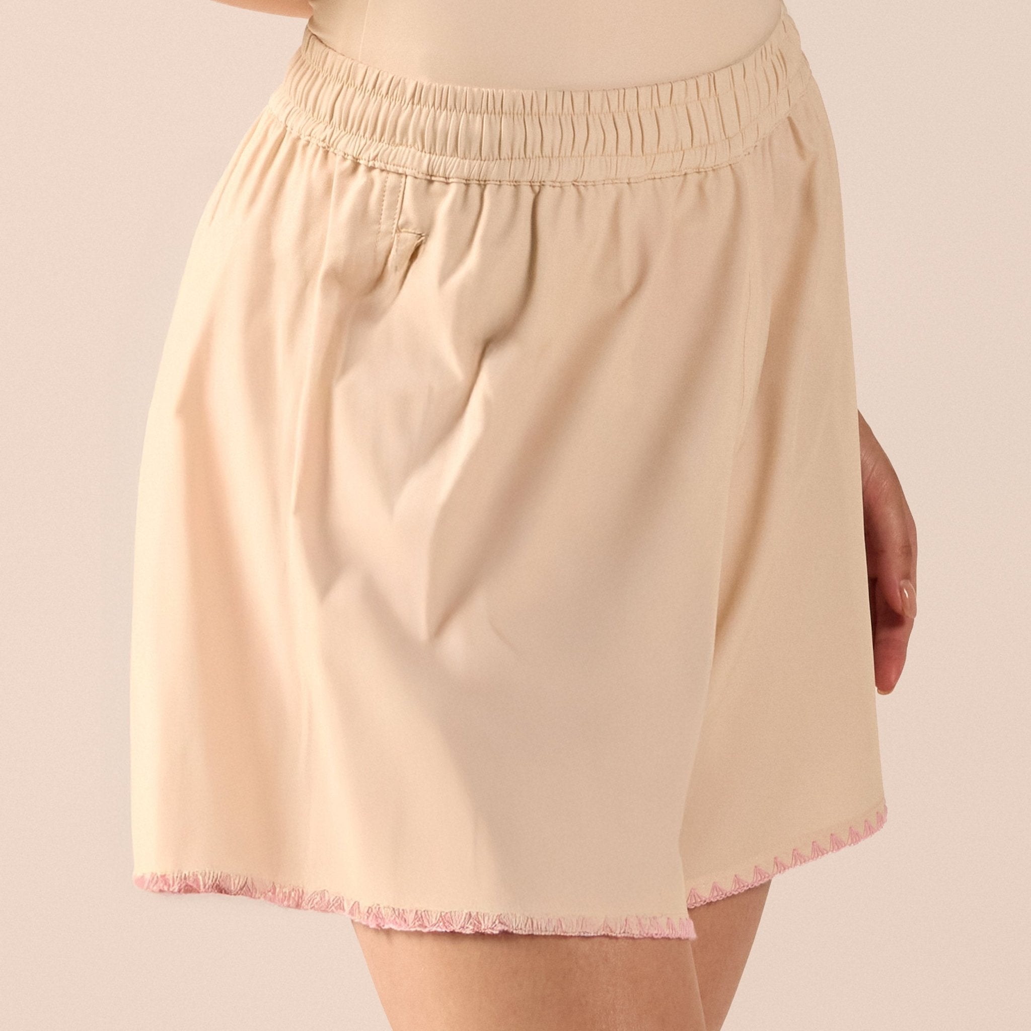 Yellow Wide Leg Swim Shorts with Pink Embroidery - shopaleena