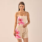 Yellow Wide Leg Swim Shorts with Pink Embroidery - shopaleena