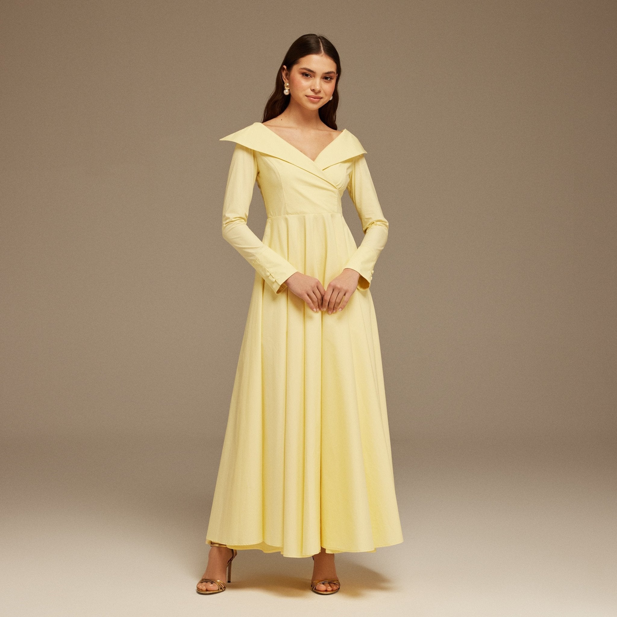 Yellow Wide Neck Long Sleeve Midi Dress - shopaleena