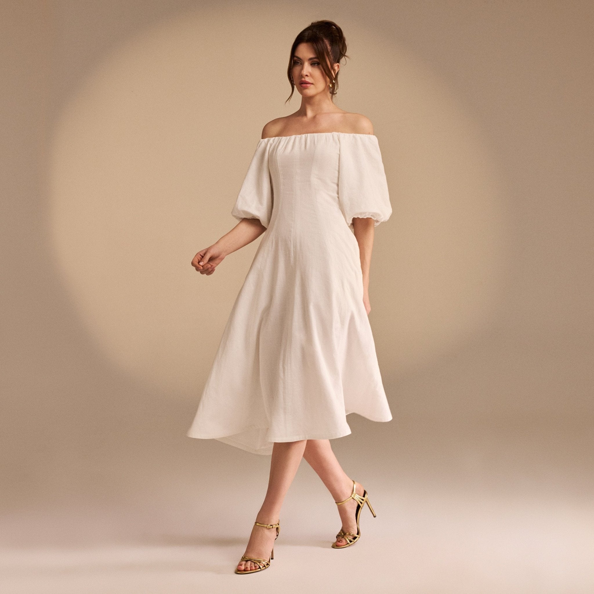 Balloon-Sleeved Off-Shoulder Cotton Midi Dress - shopaleena