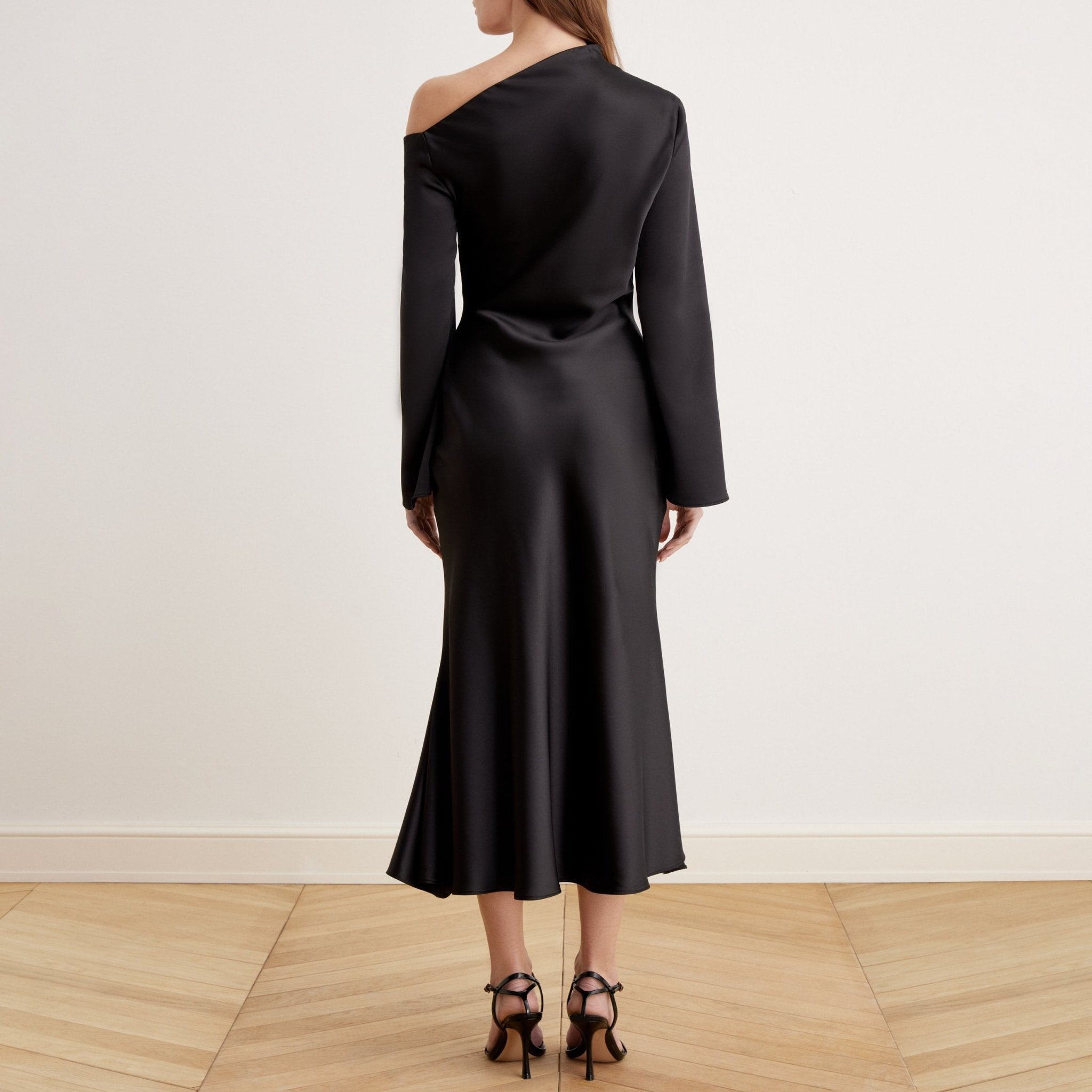 Bare Shoulder Satin Midi Dress - shopaleena