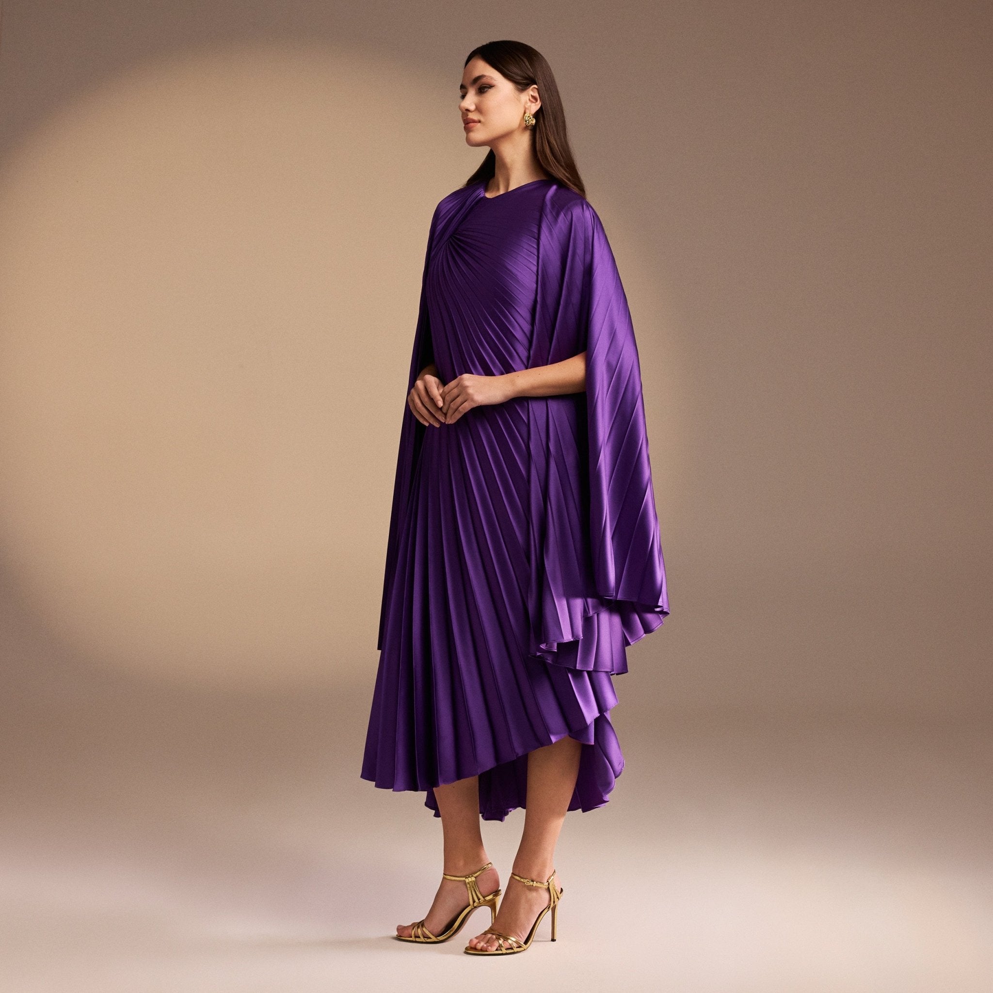 Cape Pleated Satin Midi Dress - shopaleena