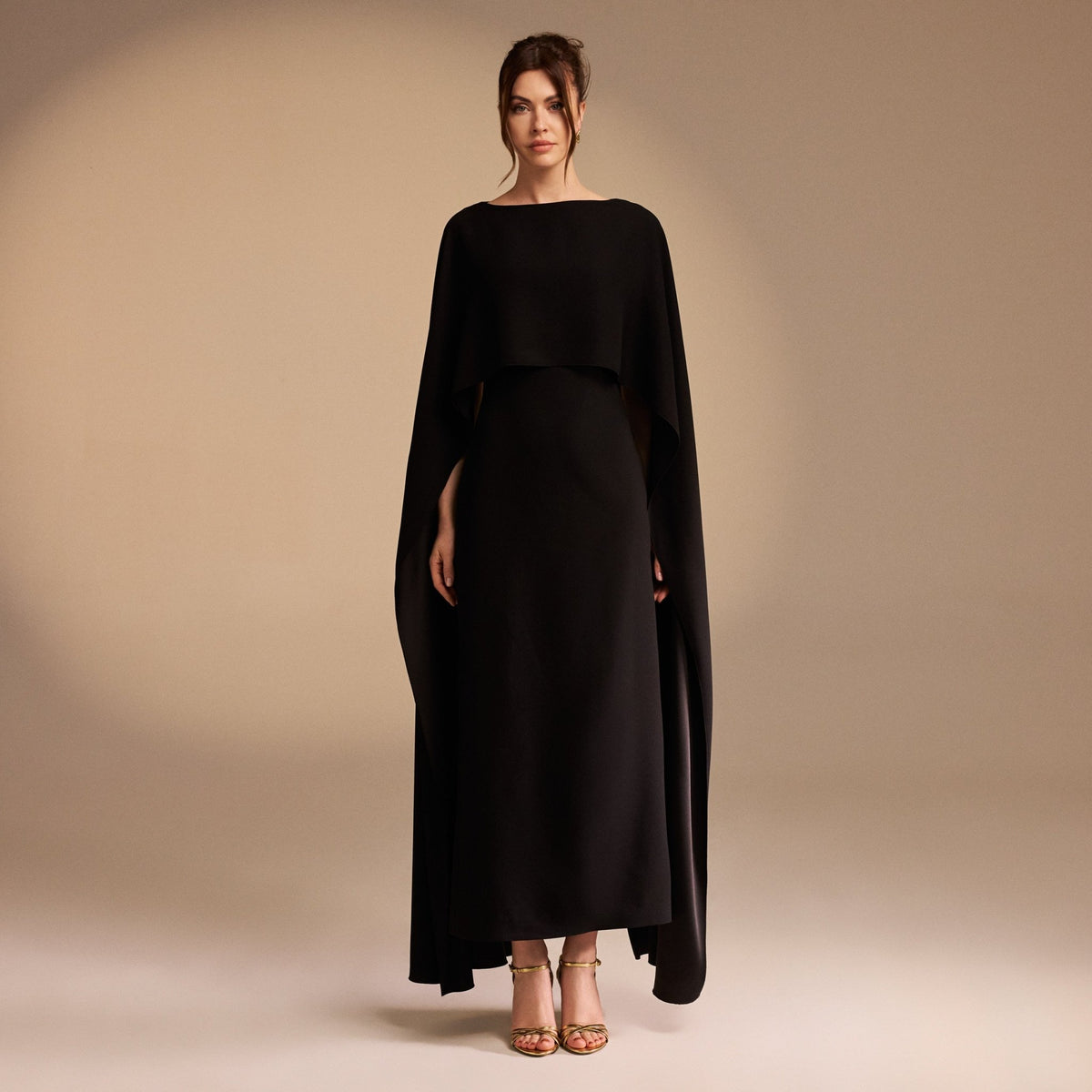 Deena Crepe Asymmetric Cape Maxi Dress