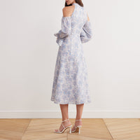 Cold Shoulder Long Poet Sleeve Midi Dress in Linen Cotton Blend - shopaleena