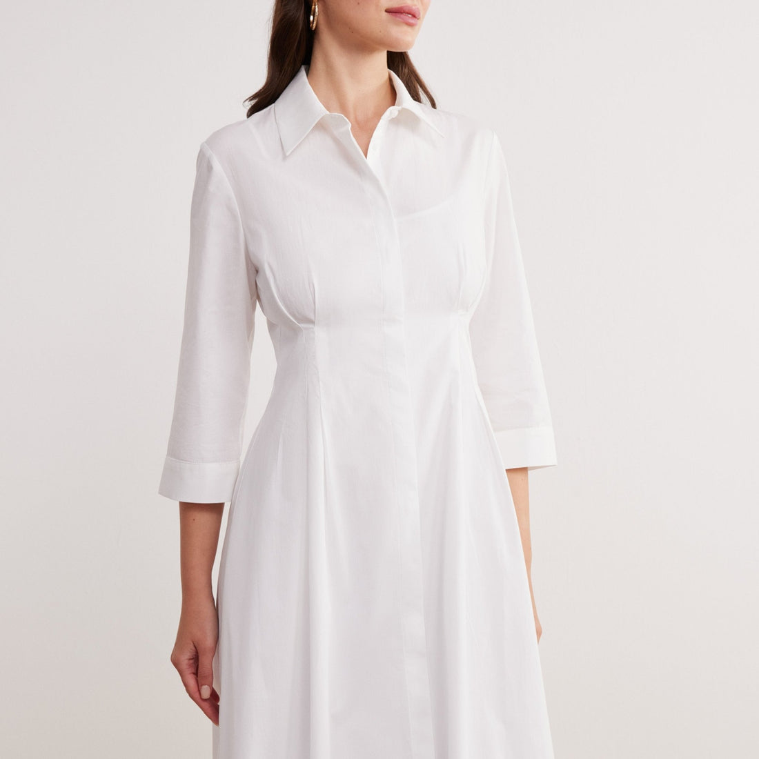 Collared 3/4-Sleeved Midi Shirt Dress in Cotton - shopaleena