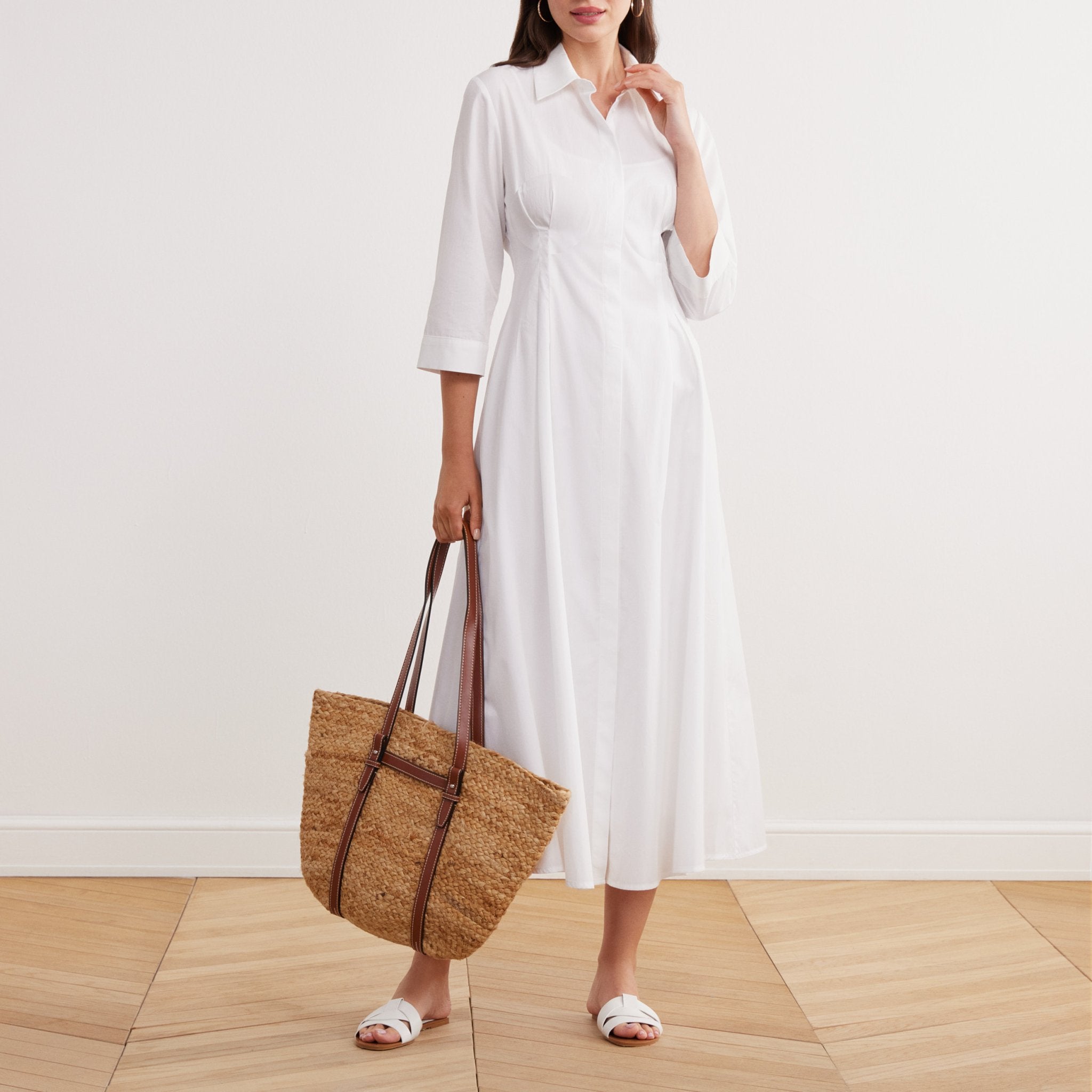 Collared 3/4-Sleeved Midi Shirt Dress in Cotton - shopaleena