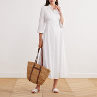 Collared 3/4-Sleeved Midi Shirt Dress in Cotton - shopaleena